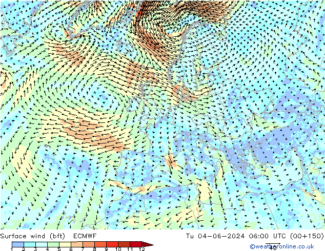 Rüzgar 10 m (bft) ECMWF Sa 04.06.2024 06 UTC