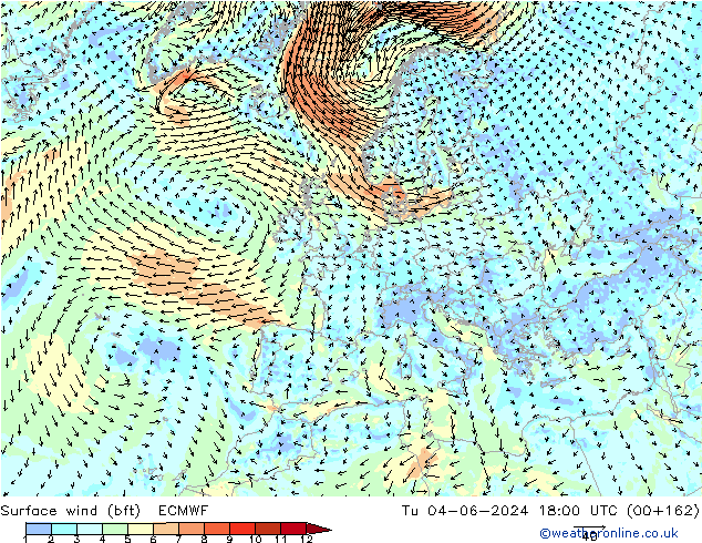 Surface wind (bft) ECMWF Tu 04.06.2024 18 UTC