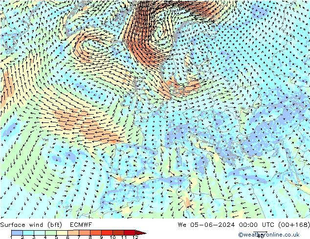 ве�Bе�@ 10 m (bft) ECMWF ср 05.06.2024 00 UTC