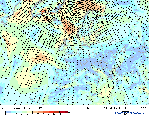 Surface wind (bft) ECMWF Th 06.06.2024 06 UTC