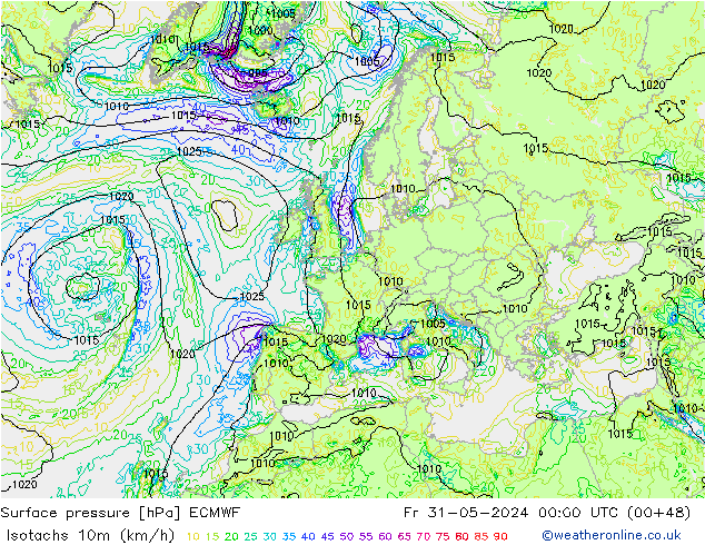 Isotachen (km/h) ECMWF Fr 31.05.2024 00 UTC