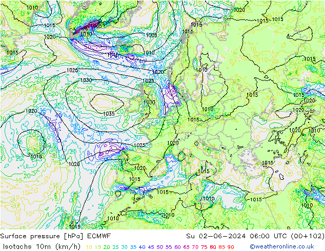 Isotachs (kph) ECMWF Dom 02.06.2024 06 UTC