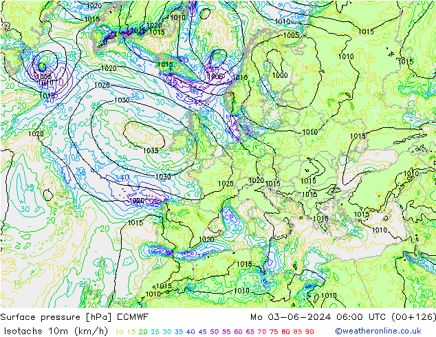 Isotachs (kph) ECMWF Mo 03.06.2024 06 UTC