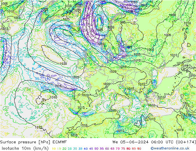 Isotachen (km/h) ECMWF Mi 05.06.2024 06 UTC