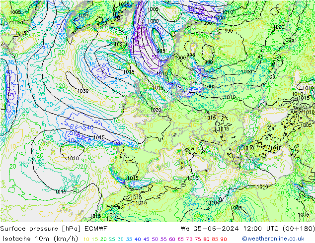 Isotachs (kph) ECMWF Qua 05.06.2024 12 UTC