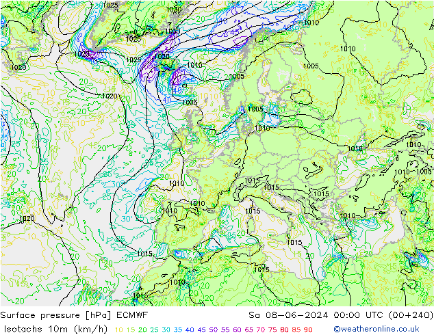 Isotachs (kph) ECMWF сб 08.06.2024 00 UTC