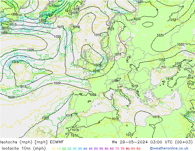 Isotachs (mph) ECMWF Qua 29.05.2024 03 UTC