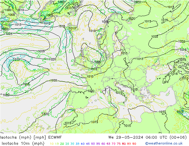 Isotachen (mph) ECMWF Mi 29.05.2024 06 UTC