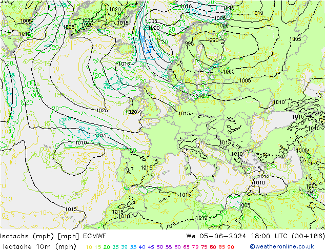 Isotaca (mph) ECMWF mié 05.06.2024 18 UTC