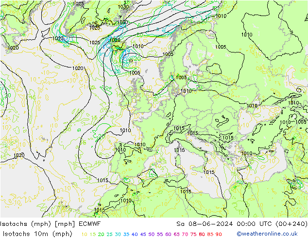 Isotachen (mph) ECMWF Sa 08.06.2024 00 UTC