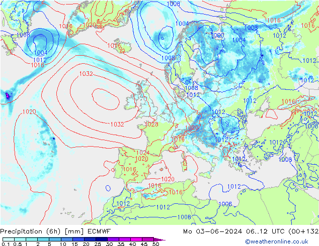 Precipitation (6h) ECMWF Mo 03.06.2024 12 UTC