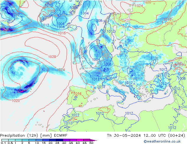 Precipitation (12h) ECMWF Th 30.05.2024 00 UTC