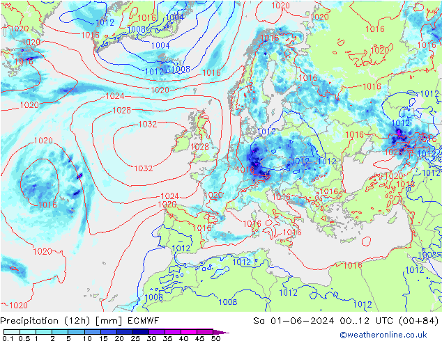 Precipitation (12h) ECMWF Sa 01.06.2024 12 UTC