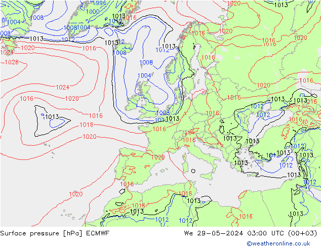 Luchtdruk (Grond) ECMWF wo 29.05.2024 03 UTC