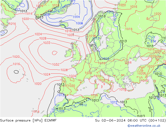 Surface pressure ECMWF Su 02.06.2024 06 UTC