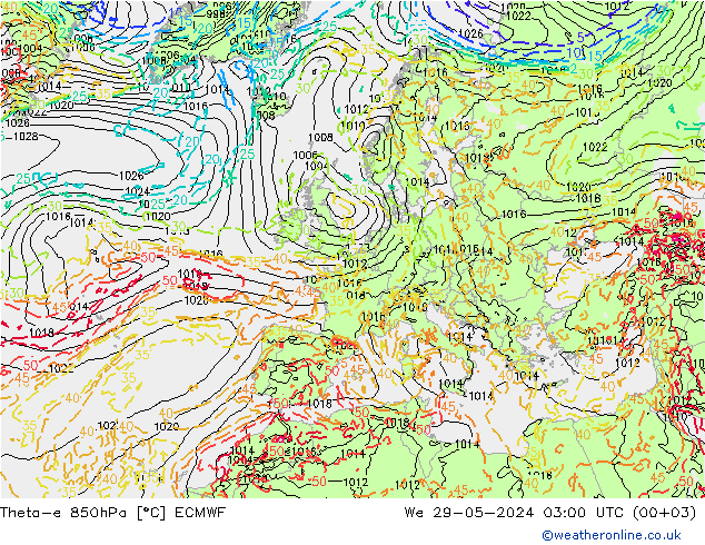 Theta-e 850hPa ECMWF mer 29.05.2024 03 UTC