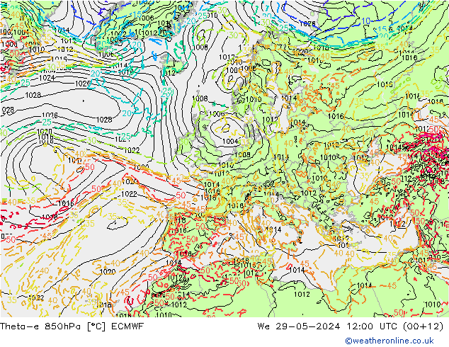 Theta-e 850hPa ECMWF St 29.05.2024 12 UTC