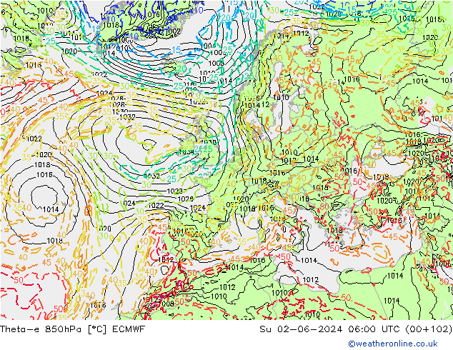 Theta-e 850hPa ECMWF So 02.06.2024 06 UTC