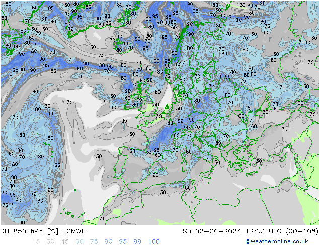 RH 850 hPa ECMWF Su 02.06.2024 12 UTC