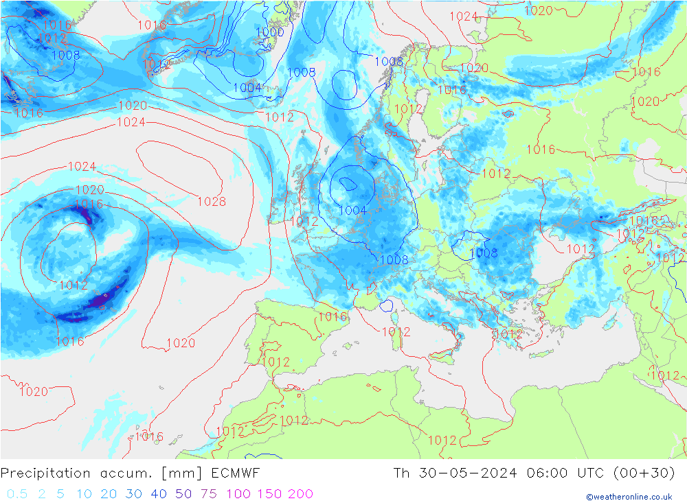 Totale neerslag ECMWF do 30.05.2024 06 UTC