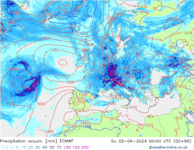 Precipitation accum. ECMWF Su 02.06.2024 00 UTC