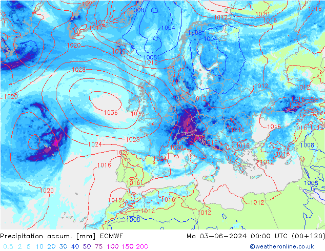 Precipitation accum. ECMWF Seg 03.06.2024 00 UTC