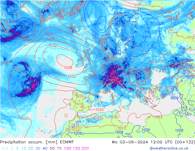 Precipitation accum. ECMWF Mo 03.06.2024 12 UTC