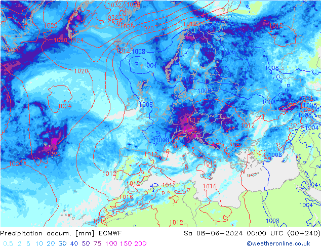 Totale neerslag ECMWF za 08.06.2024 00 UTC