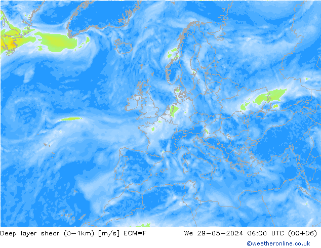 Deep layer shear (0-1km) ECMWF We 29.05.2024 06 UTC