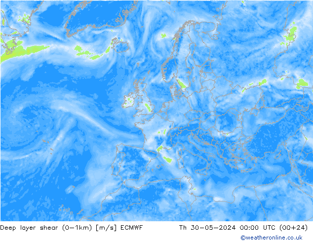 Deep layer shear (0-1km) ECMWF Per 30.05.2024 00 UTC