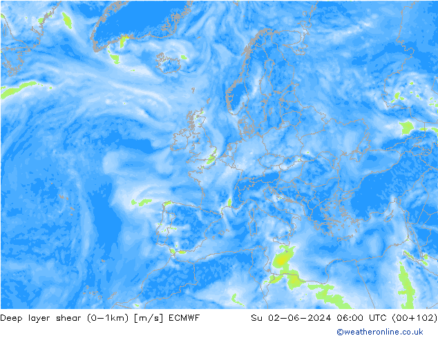 Deep layer shear (0-1km) ECMWF Dom 02.06.2024 06 UTC