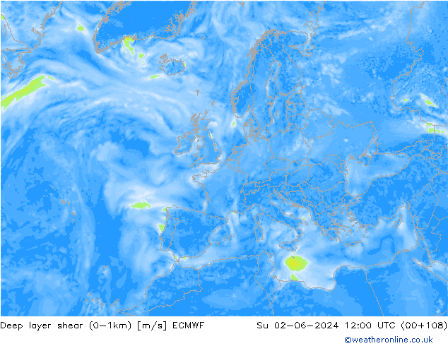 Deep layer shear (0-1km) ECMWF dim 02.06.2024 12 UTC