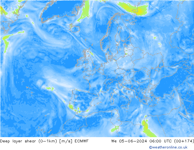 Deep layer shear (0-1km) ECMWF mer 05.06.2024 06 UTC