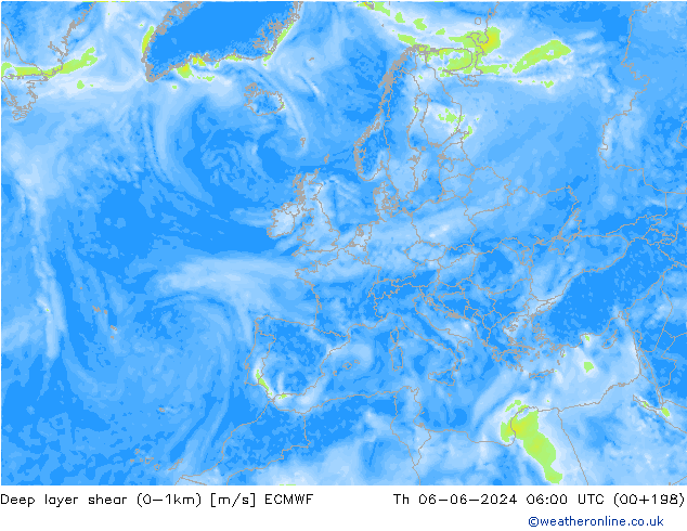 Deep layer shear (0-1km) ECMWF Th 06.06.2024 06 UTC