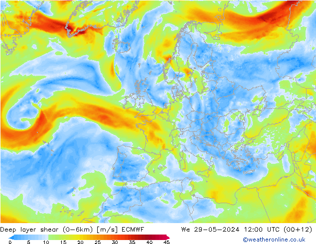 Deep layer shear (0-6km) ECMWF Mi 29.05.2024 12 UTC