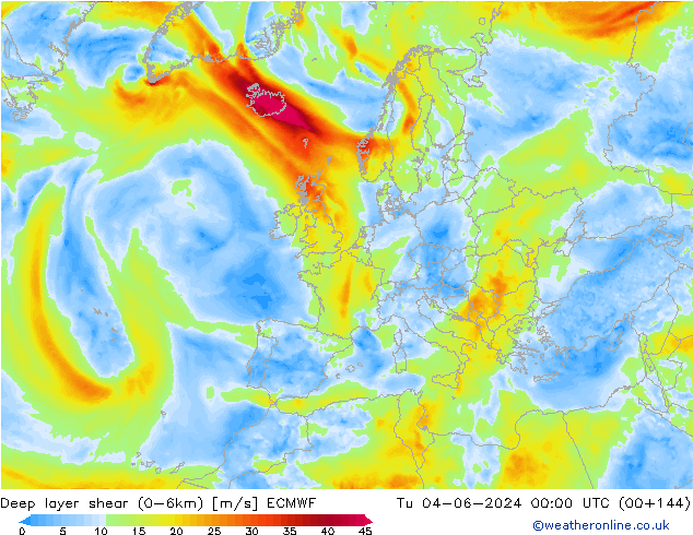 Deep layer shear (0-6km) ECMWF mar 04.06.2024 00 UTC