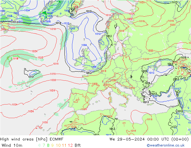 High wind areas ECMWF We 29.05.2024 00 UTC