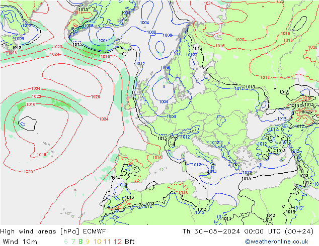 High wind areas ECMWF 星期四 30.05.2024 00 UTC