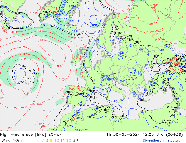 High wind areas ECMWF  30.05.2024 12 UTC