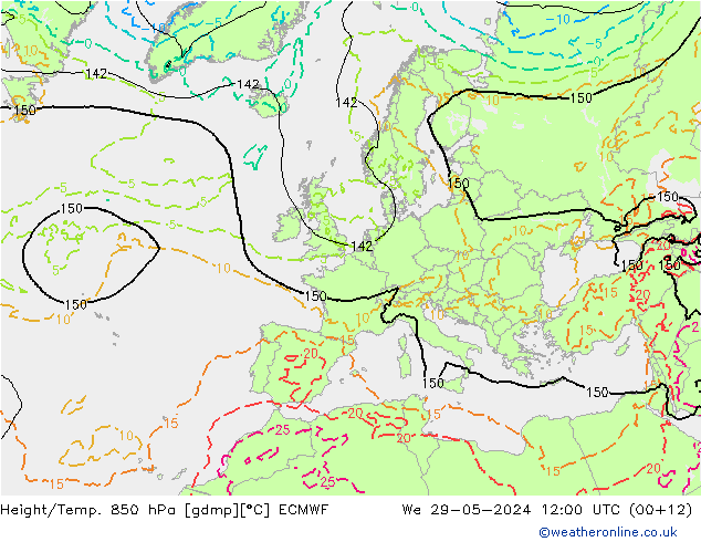 Z500/Rain (+SLP)/Z850 ECMWF Mi 29.05.2024 12 UTC