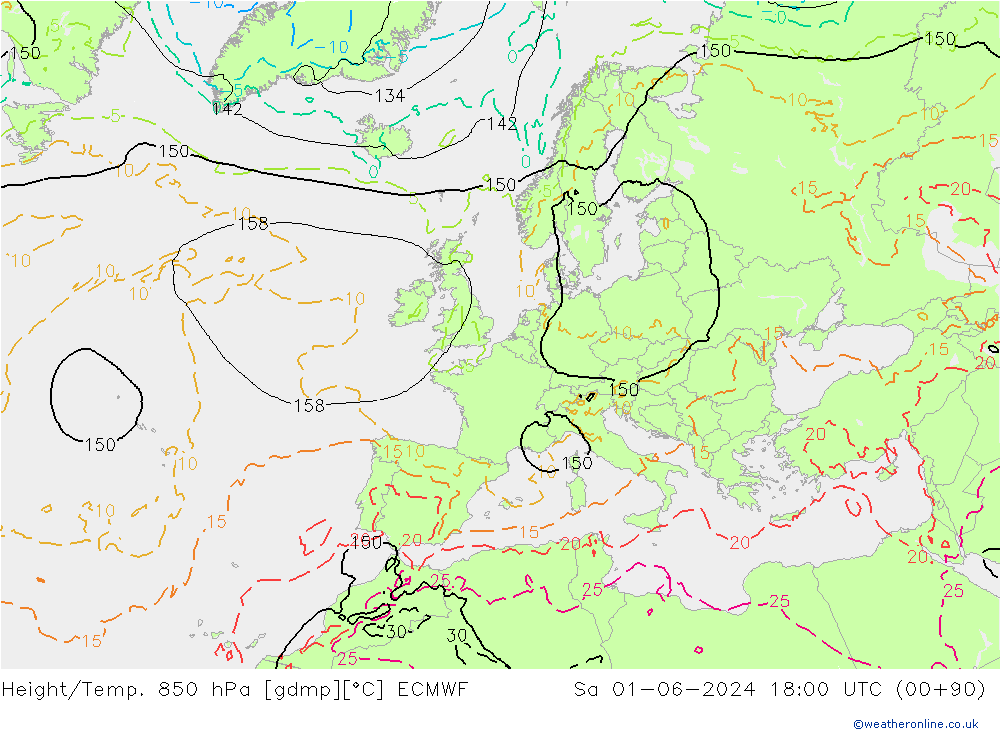Height/Temp. 850 hPa ECMWF So 01.06.2024 18 UTC