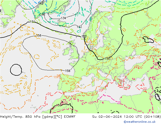 Height/Temp. 850 hPa ECMWF Su 02.06.2024 12 UTC