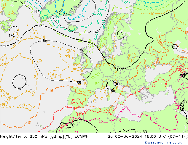 Height/Temp. 850 hPa ECMWF So 02.06.2024 18 UTC