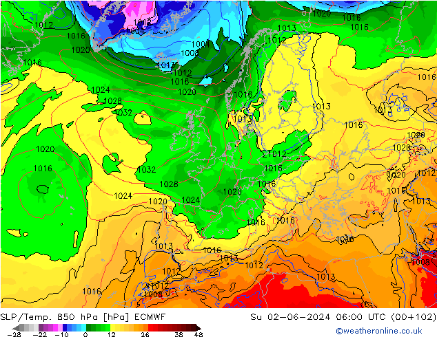 SLP/Temp. 850 hPa ECMWF dom 02.06.2024 06 UTC