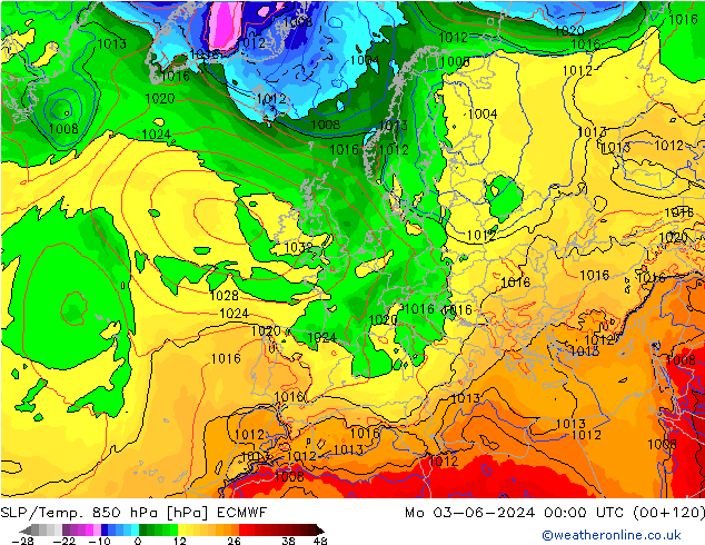 SLP/Temp. 850 hPa ECMWF Mo 03.06.2024 00 UTC