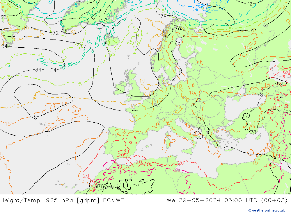 Height/Temp. 925 hPa ECMWF We 29.05.2024 03 UTC