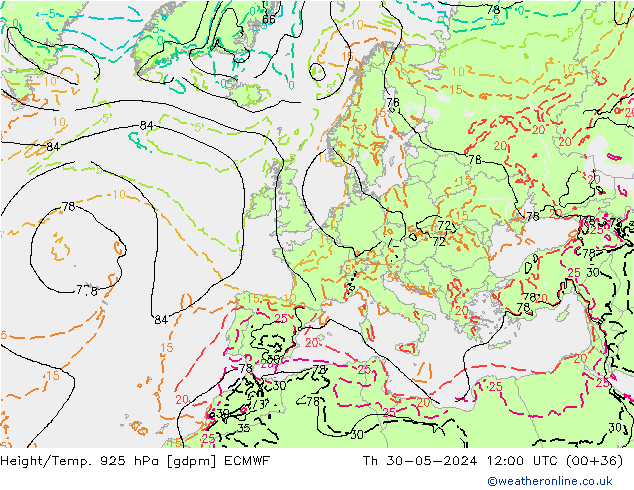 Height/Temp. 925 hPa ECMWF Do 30.05.2024 12 UTC