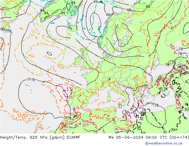 Hoogte/Temp. 925 hPa ECMWF wo 05.06.2024 06 UTC