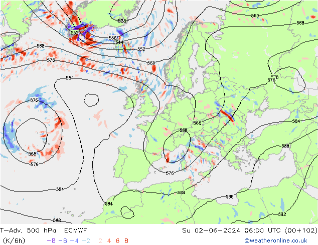 T-Adv. 500 hPa ECMWF zo 02.06.2024 06 UTC