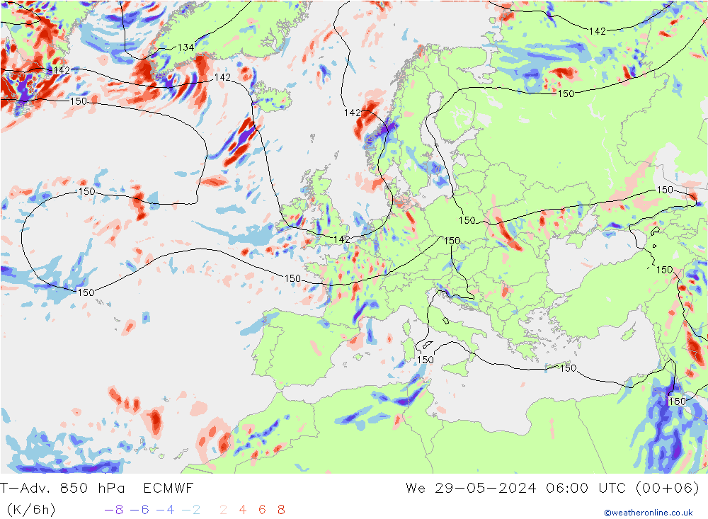 T-Adv. 850 гПа ECMWF ср 29.05.2024 06 UTC